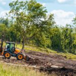 Yellow bulldozer clearing land at a construction site within a forest area surrounded by mature trees and plants