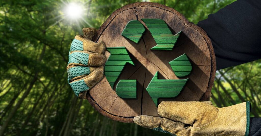 An arborist wearing gloves and holding a recycling symbol sign made of recycled wood from a tree’s cross-section.