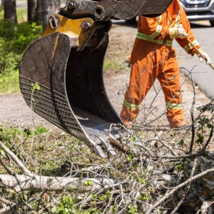 A person in protective gear rakes a driveway. The arm of an excavator cleans up branches from a yard.